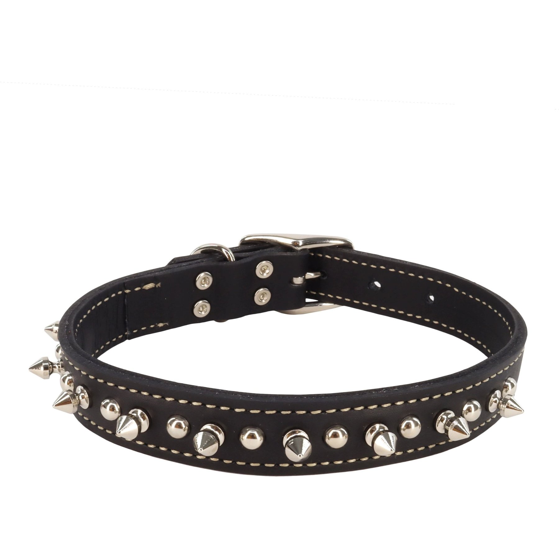 Circle T Oak Tanned Leather Double-Ply Spiked Standard Dog Collar, Black, Medium: 18-in neck, 1-in wide