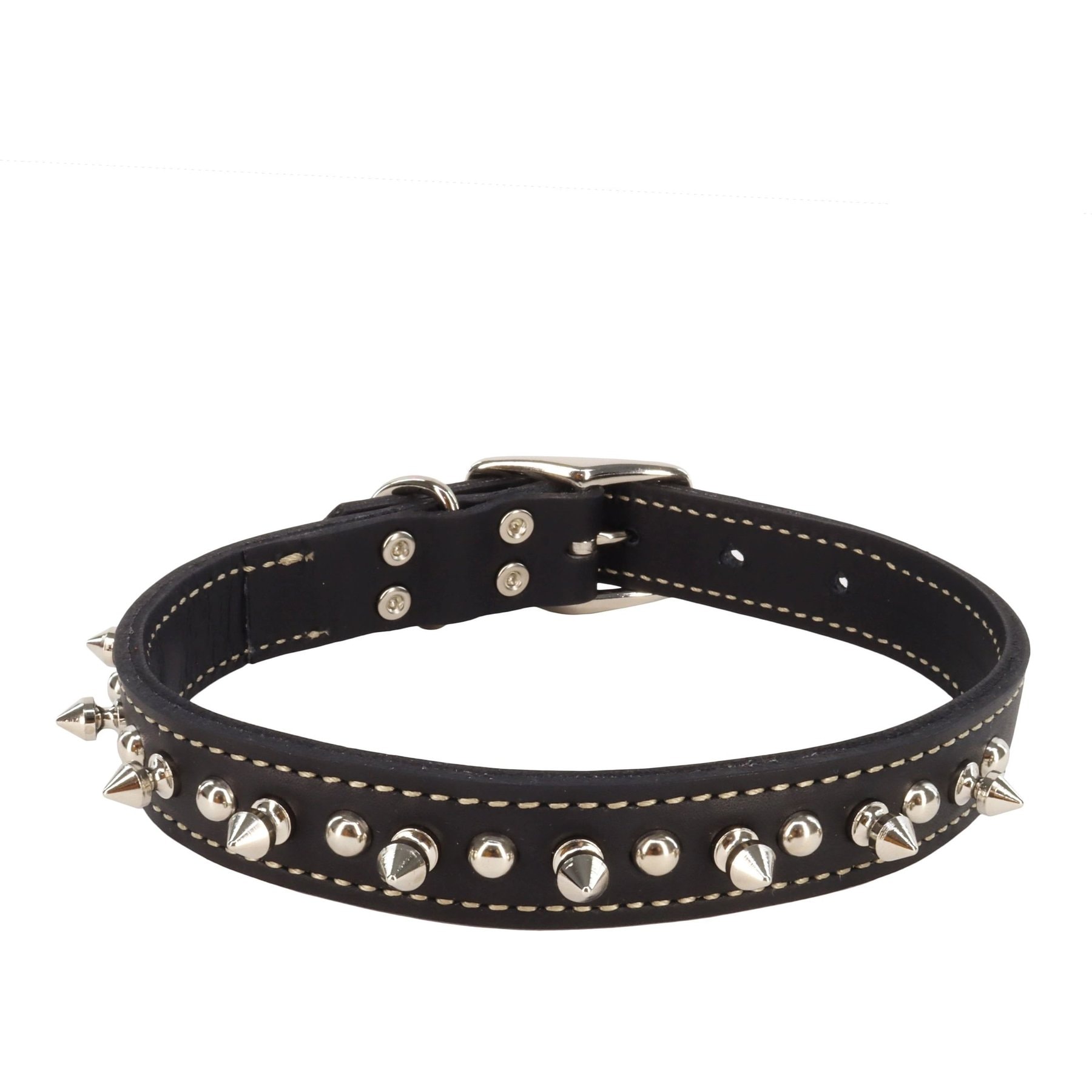 Circle T Oak Tanned Leather Double-Ply Spiked Standard Dog Collar, Black, Medium: 20-in neck, 1-in wide