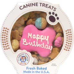 Claudia's Canine Bakery Happy Birthday Peanut Butter Cookie Dog Treats, 11-oz tub, Pink