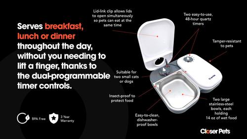 Show full view: Closer Pets Two-meal Automatic Cat & Dog Feeder, White slide 3 of 9
