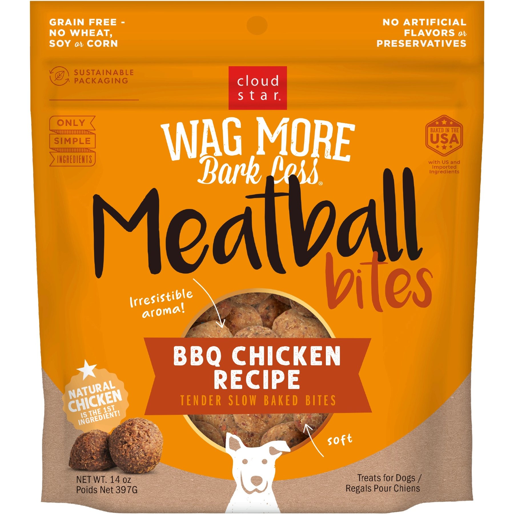Cloud Star Wag More Bark Less Meatball Bites BBQ Chicken Recipe Grain-Free Dog Treats, 14-oz bag