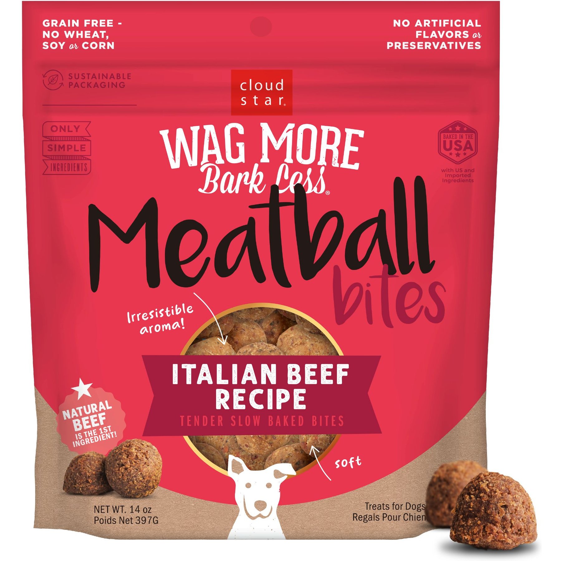 Cloud Star Wag More Bark Less Meatball Bites Italian Beef Recipe Grain-Free Dog Treats, 14-oz bag
