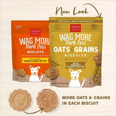 Show full view: Cloud Star Wag More Bark Less Oats & Grains Biscuits with Peanut Butter Crunchy Dog Treats, 3-lb bag slide 3 of 10