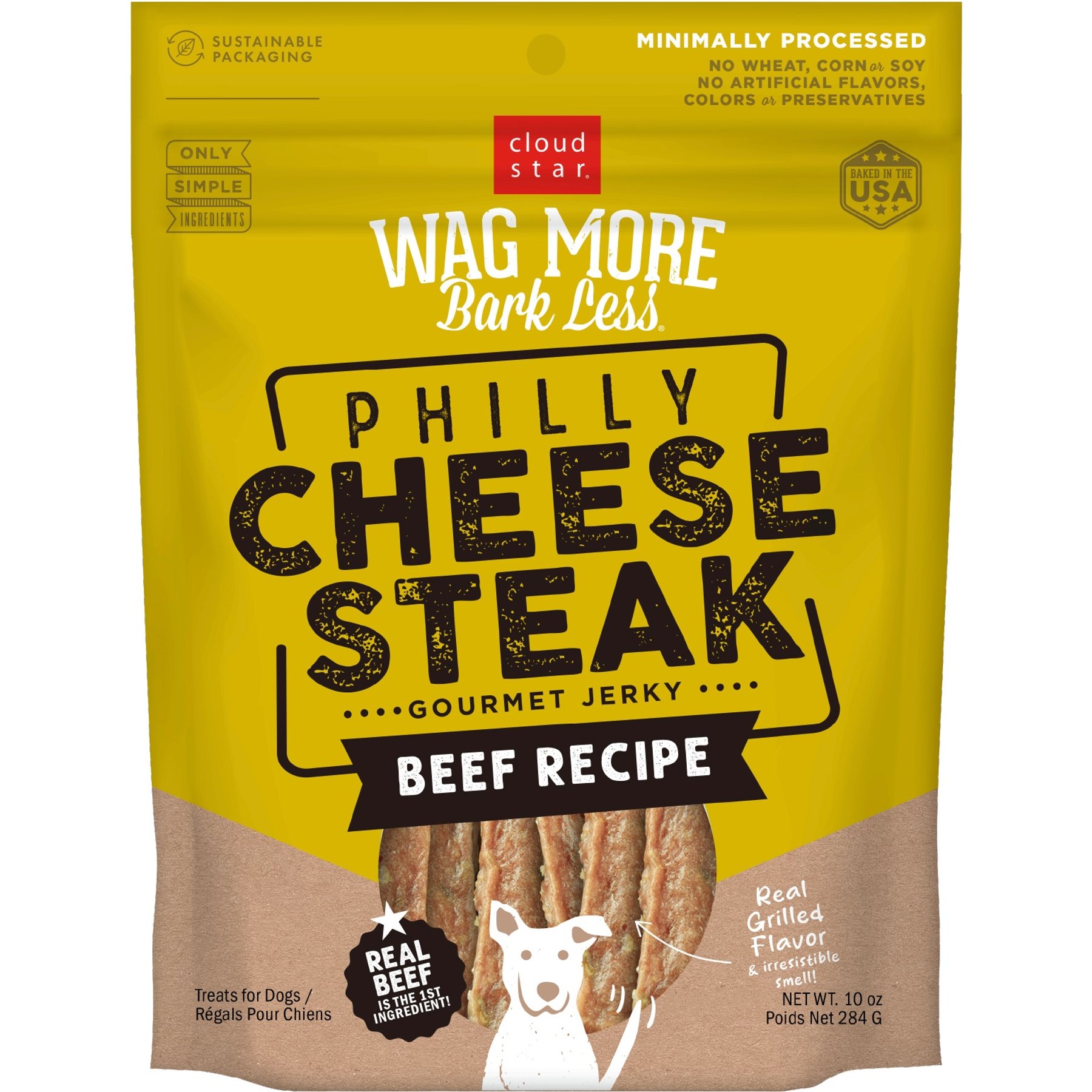 Cloud Star Wag More Bark Less Philly Cheesesteak Beef Recipe Grain-Free Jerky Dog Treats, 10-oz bag