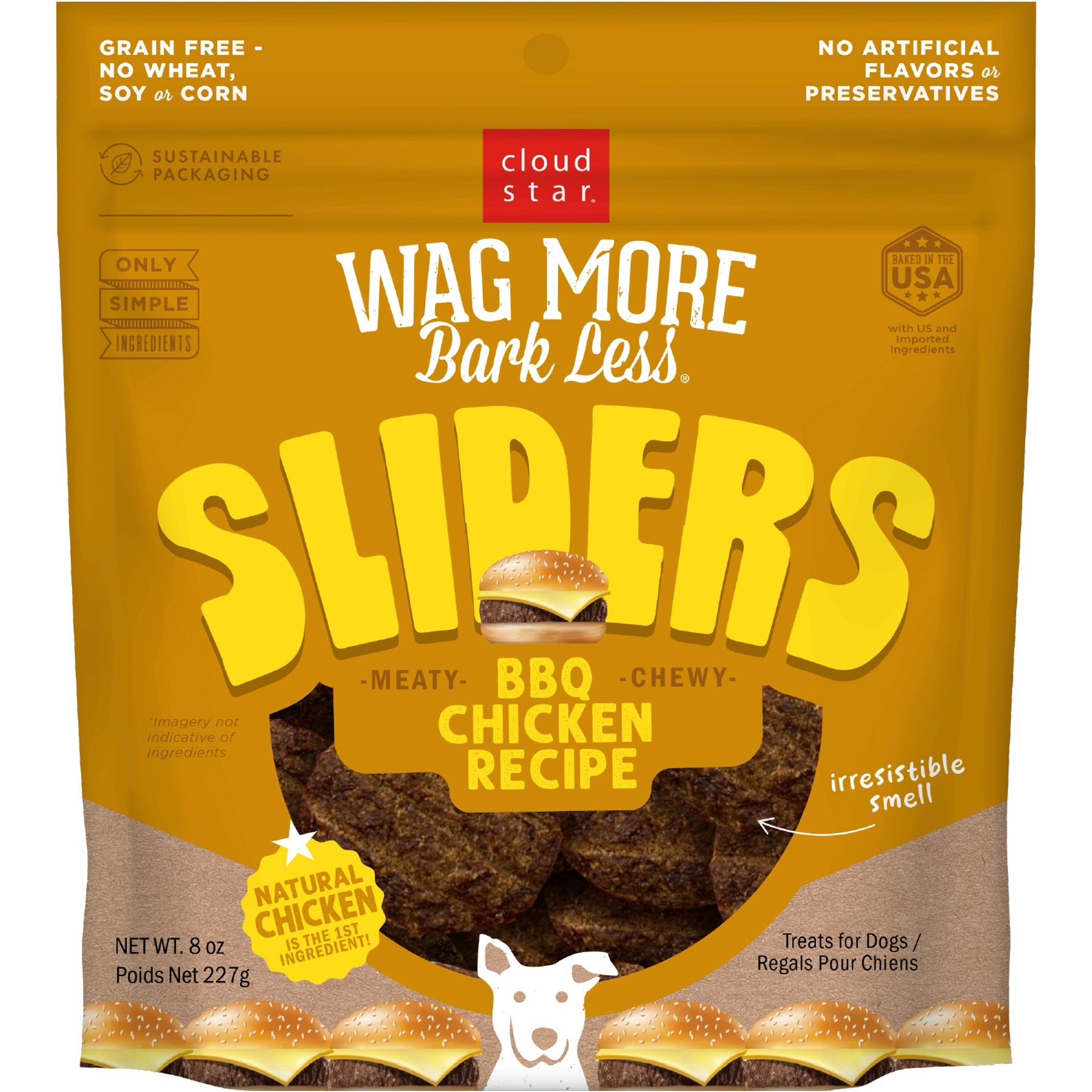 Cloud Star Wag More Bark Less Sliders BBQ Chicken Recipe Grain-Free Soft & Chewy Dog Treats, 8-oz bag