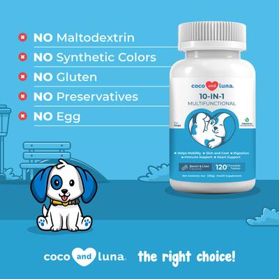 Show full view: Coco and Luna 10-in-1 Bacon & Liver Flavored Chewable Tablet Multivitamin for Dogs, 120 count slide 6 of 10