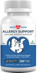Coco and Luna Allergy Relief Immune System Health Bacon & Liver Flavor Chewable Tablets Dog Supplement, 120 count