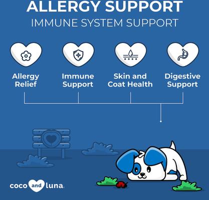 Show full view: Coco and Luna Allergy Relief Immune System Health Bacon & Liver Flavor Chewable Tablets Dog Supplement, 120 count slide 4 of 9