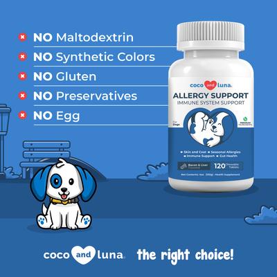 Show full view: Coco and Luna Allergy Relief Immune System Health Bacon & Liver Flavor Chewable Tablets Dog Supplement, 120 count slide 6 of 9