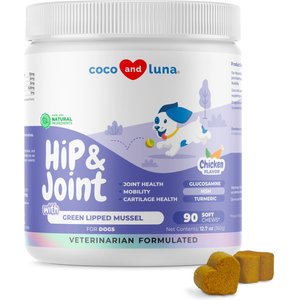 Coco and Luna Green Lipped Mussel, Glucosamine, MSM & Turmeric Soft Chew Hip & Joint Supplement for Dogs, 90 count