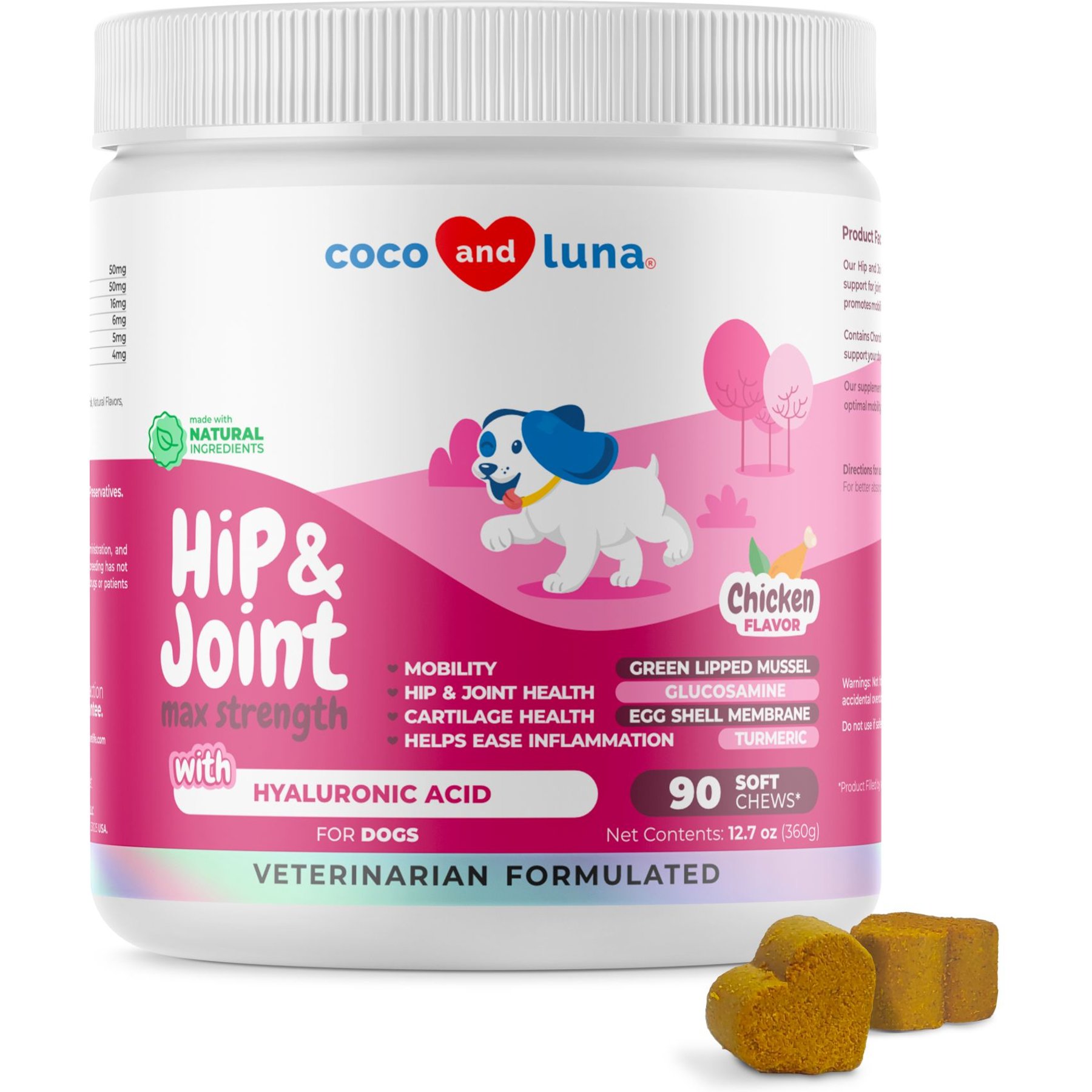 Coco and Luna Hip & Joint Max Strength with Hyaluronic Acid Mobility, Hip & Joint, Cartilage Health & Inflammation Soft Chew Supplement for Dogs, 90 count