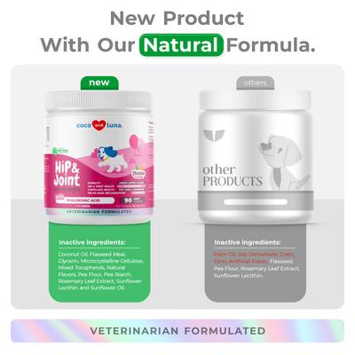 Show full view: Coco and Luna Hip & Joint Max Strength with Hyaluronic Acid Mobility, Hip & Joint, Cartilage Health & Inflammation Soft Chew Supplement for Dogs, 90 count slide 7 of 9