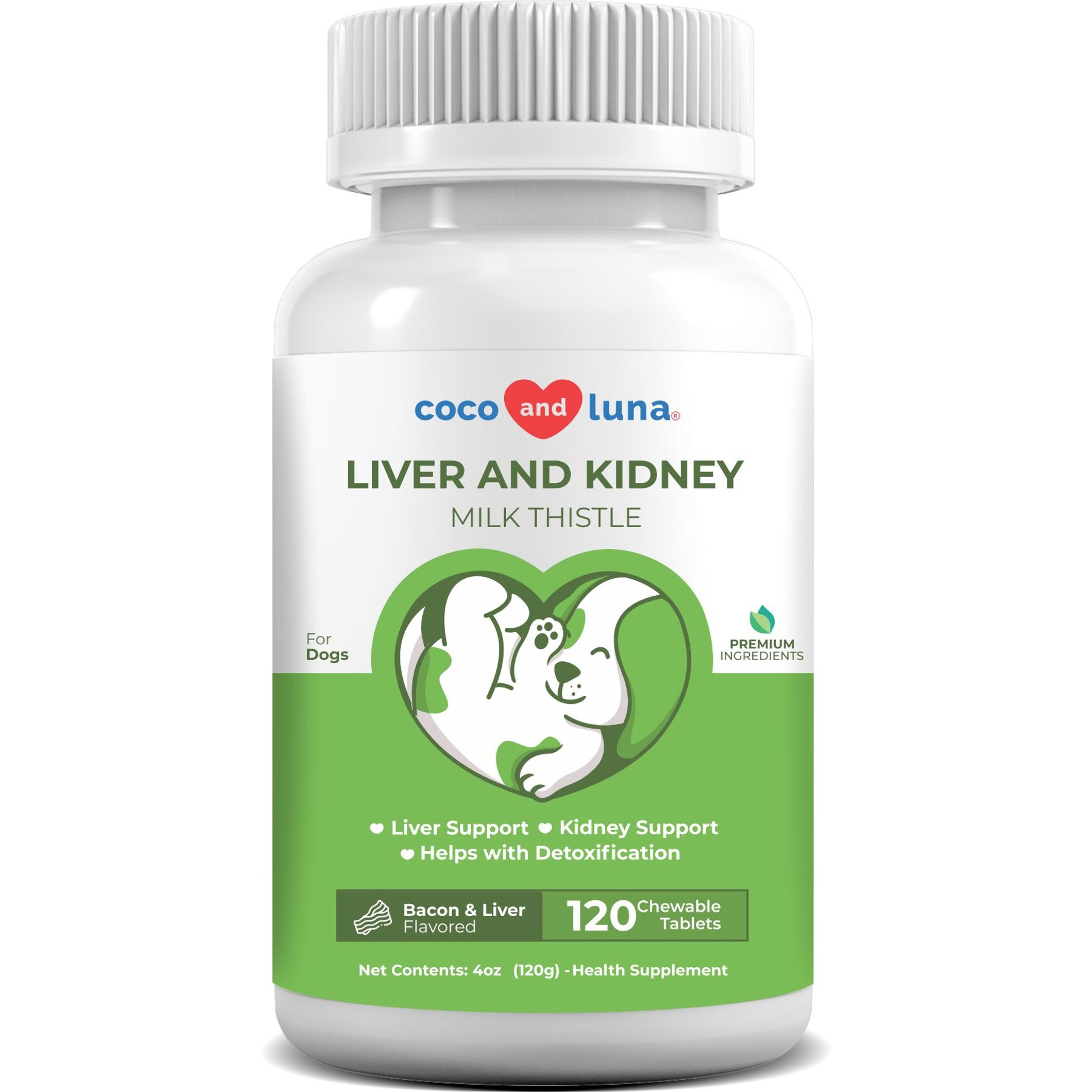 Coco and Luna Liver & Kidney Milkthistle Bacon & Liver Flavor Dog Supplement, 120 count