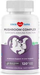 Coco and Luna Mushroom Complex Immune System Support Bacon & Liver Flavor Chewable Tablets Dog Supplement, 120 count