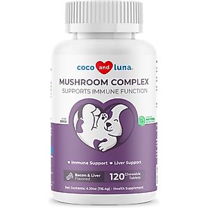 Coco and Luna Mushroom Complex Immune System Support Bacon & Liver Flavor Chewable Tablets Dog Supplement, 120 count