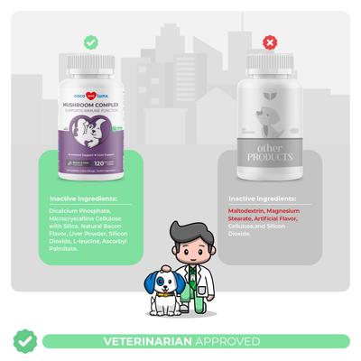 Show full view: Coco and Luna Mushroom Complex Immune System Support Bacon & Liver Flavor Chewable Tablets Dog Supplement, 120 count slide 5 of 9