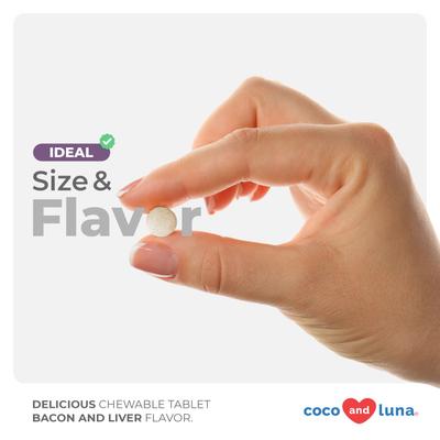 Show full view: Coco and Luna Mushroom Complex Immune System Support Bacon & Liver Flavor Chewable Tablets Dog Supplement, 120 count slide 7 of 9