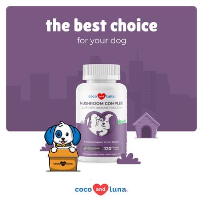 Show full view: Coco and Luna Mushroom Complex Immune System Support Bacon & Liver Flavor Chewable Tablets Dog Supplement, 120 count slide 8 of 9