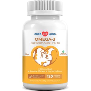 Coco and Luna Omega 3-6-9 Skin & Coat Bacon & Liver Flavor Dog Supplement, 120 count