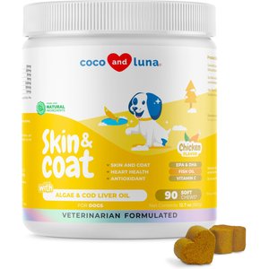 Coco and Luna Omega-3 Fish Oil with Cod Liver Oil & Algae Oil Soft Chew Skin & Coat Supplement for Dogs, 90 count