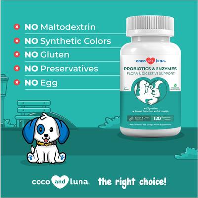 Show full view: Coco and Luna Probiotics & Enzymes Bacon & Liver Flavor Dog Supplement, 120 count slide 6 of 10