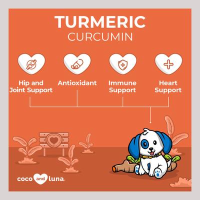 Show full view: Coco and Luna Turmeric Curcumin Anti-Inflammatory Bacon & Liver Flavor Dog Supplement, 120 count slide 4 of 11