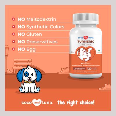 Show full view: Coco and Luna Turmeric Curcumin Anti-Inflammatory Bacon & Liver Flavor Dog Supplement, 120 count slide 6 of 11