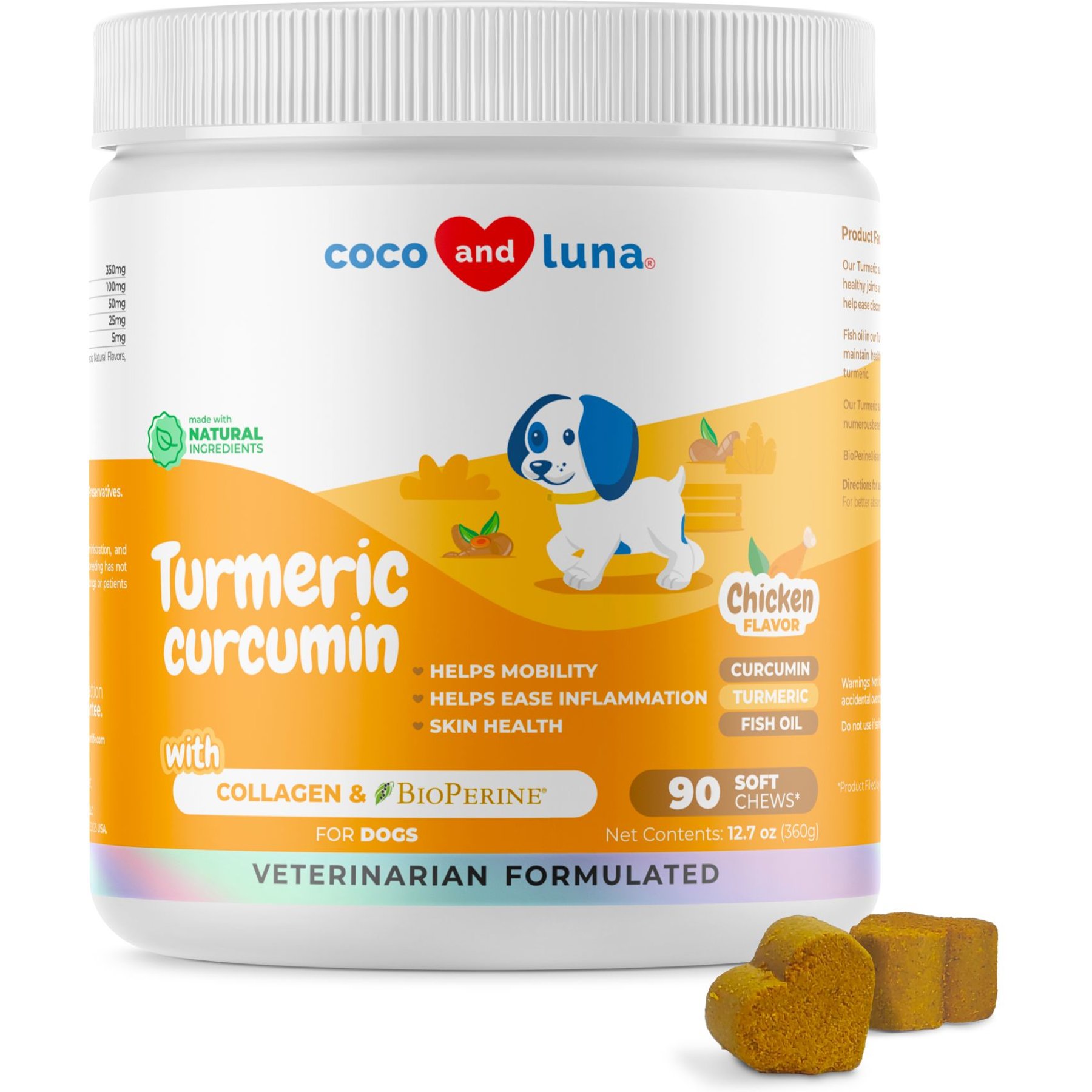 Coco and Luna Turmeric Curcumin with Collagen, BioPerine & Fish Oil Soft Chew Joint Supplement for Dogs, 90 count