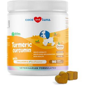 Coco and Luna Turmeric Curcumin with Collagen, BioPerine & Fish Oil Soft Chew Joint Supplement for Dogs, 90 count