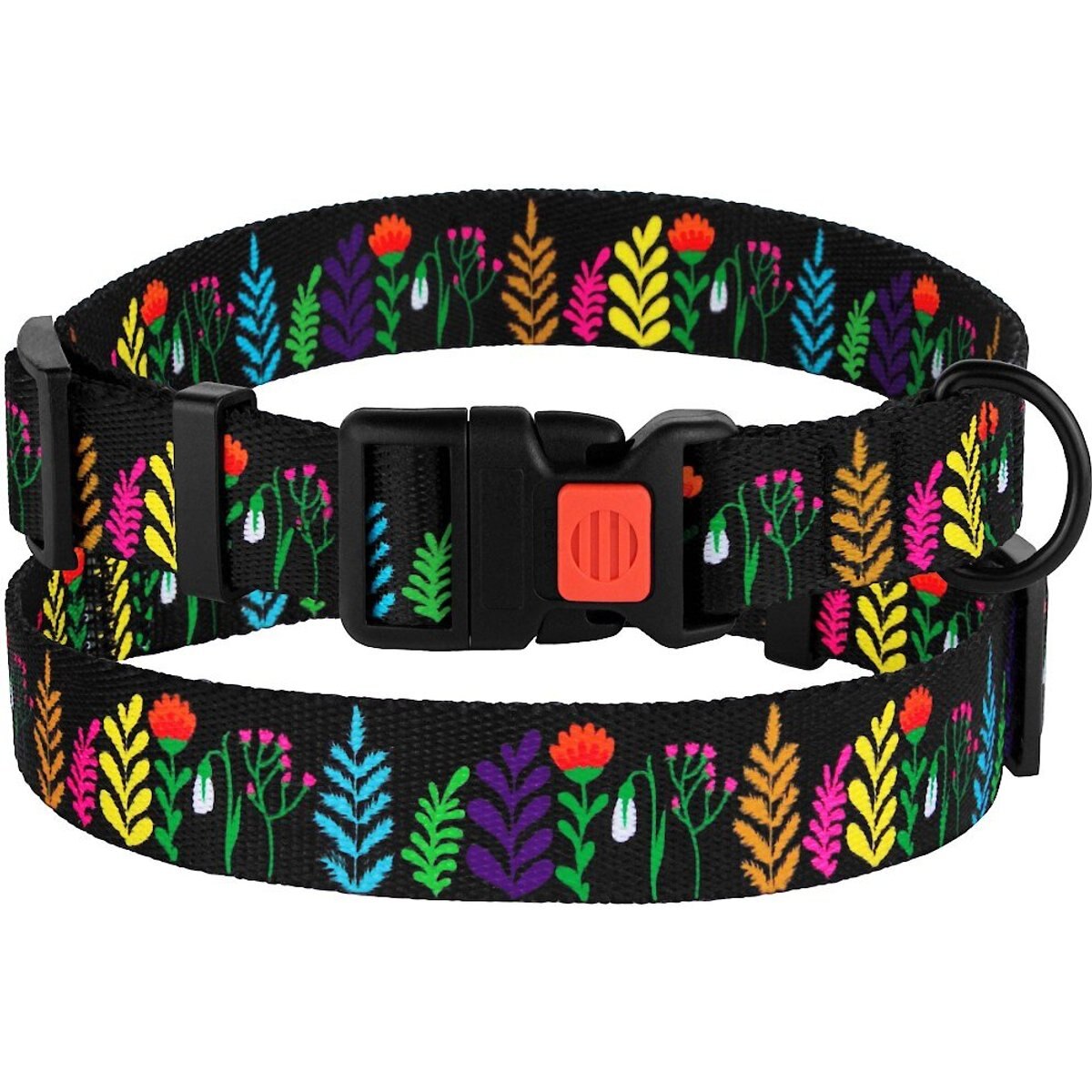 CollarDirect Floral Design Pattern Nylon Dog Collar, Black, Medium