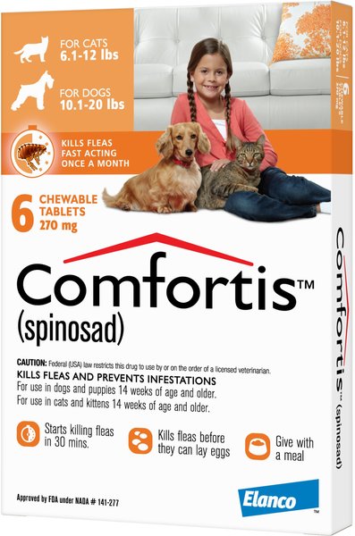 Show full view: Comfortis Chewable Tablet for Dogs, 10.1-20 lbs, & Cats, 6.1-12 lbs, (Orange Box), 6 Chewable Tablets (6-mos. supply) slide 1 of 4