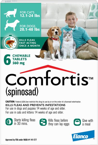 Show full view: Comfortis Chewable Tablet for Dogs, 20.1-40 lbs & Cats 12.1-24 lbs, (Green Box), 6 Chewable Tablets (6-mos. supply) slide 1 of 5