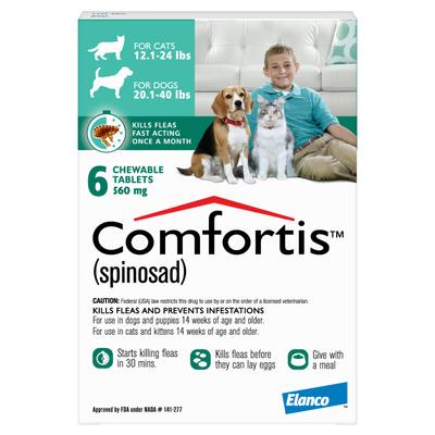 Show full view: Comfortis Chewable Tablet for Dogs, 20.1-40 lbs & Cats 12.1-24 lbs, (Green Box), 6 Chewable Tablets (6-mos. supply) slide 1 of 5