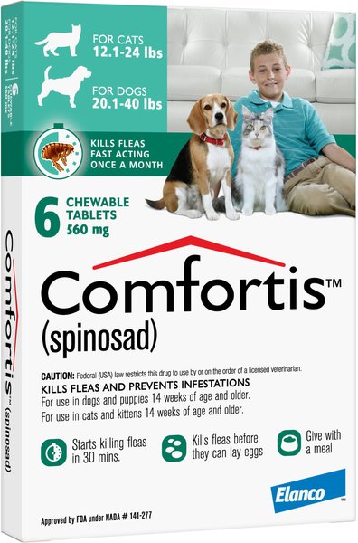 Show full view: Comfortis Chewable Tablet for Dogs, 20.1-40 lbs & Cats 12.1-24 lbs, (Green Box), 6 Chewable Tablets (6-mos. supply) slide 2 of 5