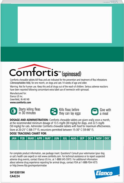 Show full view: Comfortis Chewable Tablet for Dogs, 20.1-40 lbs & Cats 12.1-24 lbs, (Green Box), 6 Chewable Tablets (6-mos. supply) slide 3 of 5