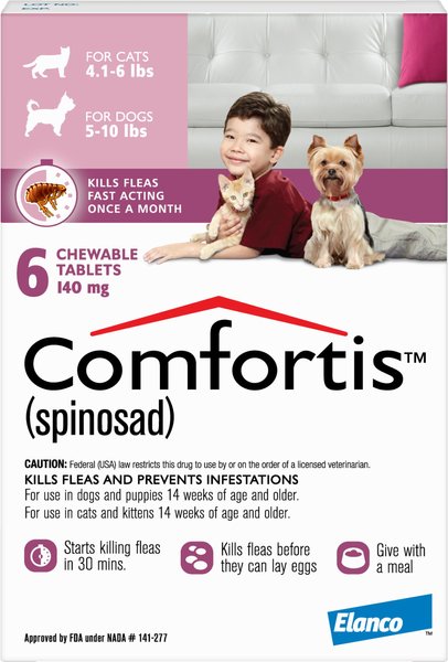 Show full view: Comfortis Chewable Tablet for Dogs, 5-10 lbs & Cats 4.1-6 lbs, (Pink Box), 6 Chewable Tablets (6-mos. supply) slide 1 of 5