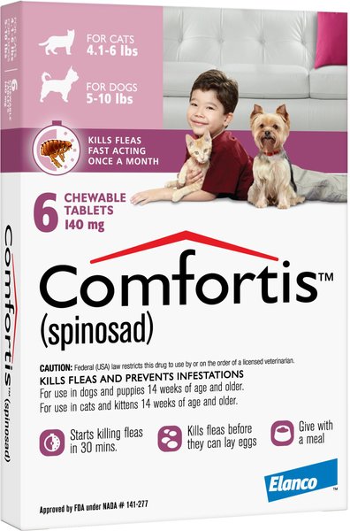 Show full view: Comfortis Chewable Tablet for Dogs, 5-10 lbs & Cats 4.1-6 lbs, (Pink Box), 6 Chewable Tablets (6-mos. supply) slide 2 of 5