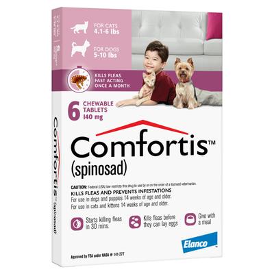 Show full view: Comfortis Chewable Tablet for Dogs, 5-10 lbs & Cats 4.1-6 lbs, (Pink Box), 6 Chewable Tablets (6-mos. supply) slide 2 of 5