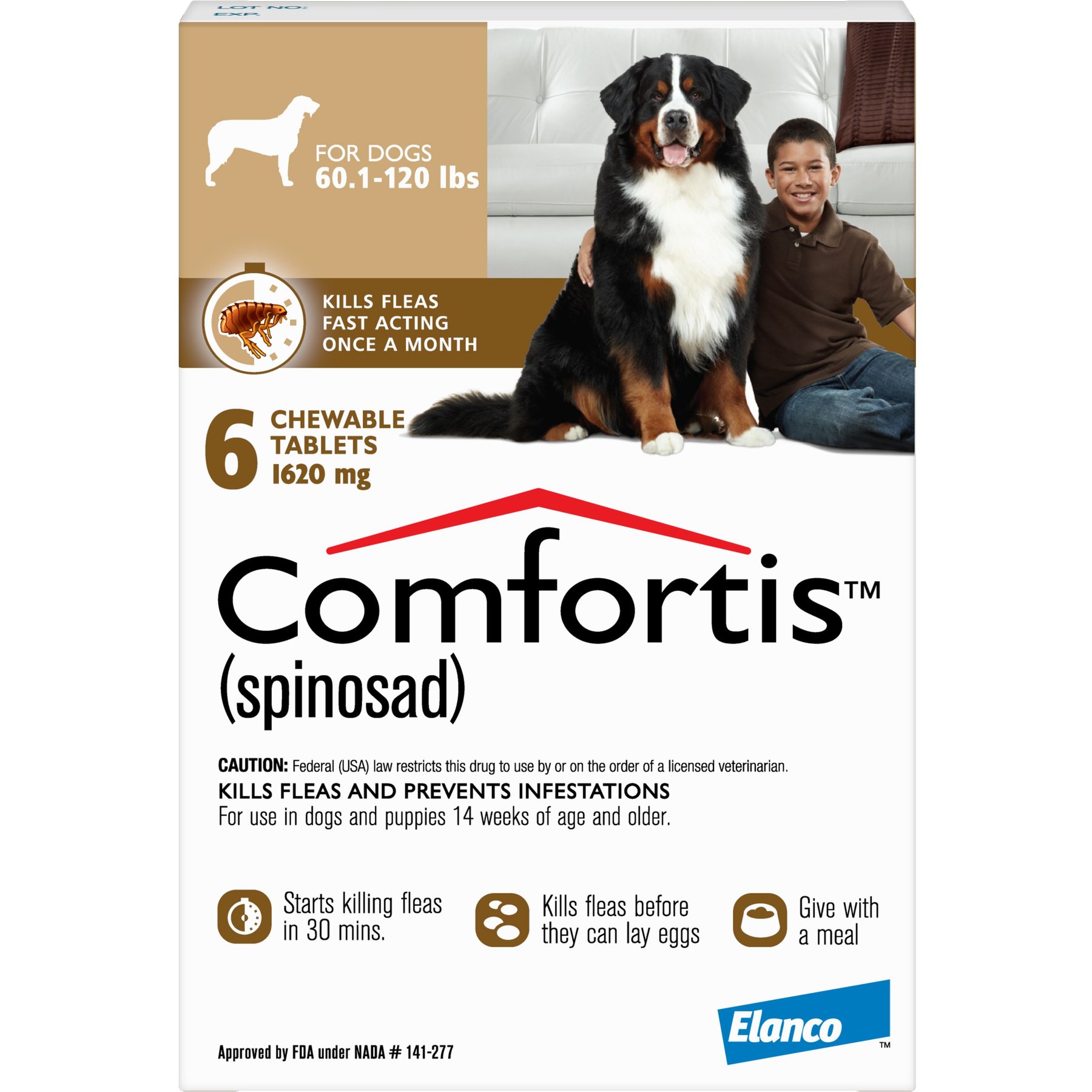 Comfortis 1620 mg Spinosad Chewable Tablets for Dogs, 60.1-120 lbs, 6 treatments