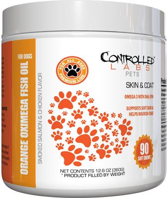 Show full view: Controlled Labs Pets Orange Oximega Fish Oil Skin & Coat Support Smoked Salmon & Chicken Flavor Soft Chews Dog Supplement, 90 count slide 1 of 4