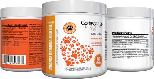 Show full view: Controlled Labs Pets Orange Oximega Fish Oil Skin & Coat Support Smoked Salmon & Chicken Flavor Soft Chews Dog Supplement, 90 count slide 3 of 4