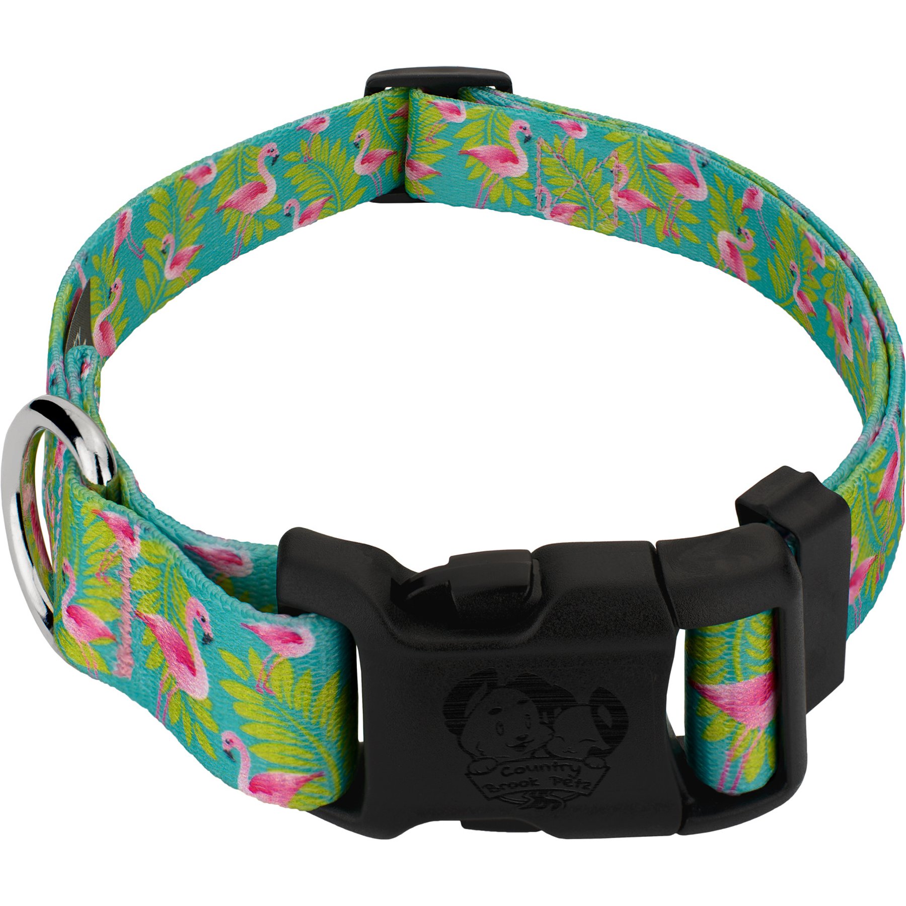 Country Brook Petz Deluxe Flamingos Dog Collar, Teal, X-Large: 18 to 26-in neck, 1-in wide