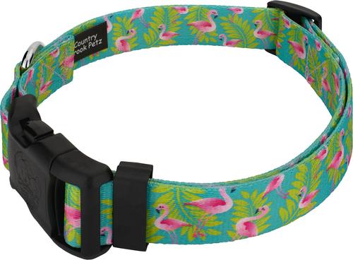 Show full view: Country Brook Petz Deluxe Flamingos Dog Collar, Teal, X-Small: 9 to 11-in neck, 1/2-in wide slide 3 of 5