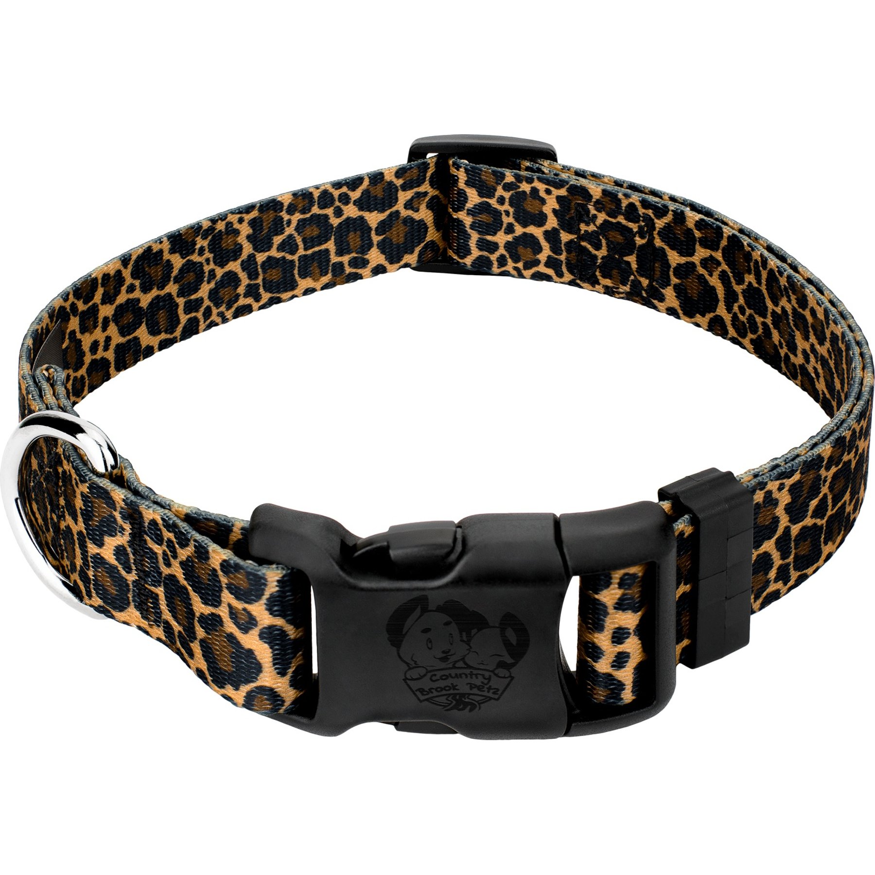 Country Brook Petz Deluxe Leopard Print Dog Collar, Brown, 11 to 13-in neck, 5/8-in wide