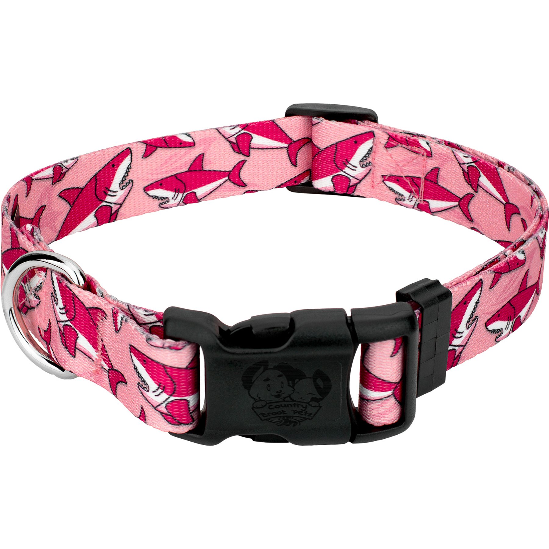 Country Brook Petz Deluxe Pink Sharks Dog Collar, Pink, XX-Small: 7 to 9-in neck, 1/2-in wide