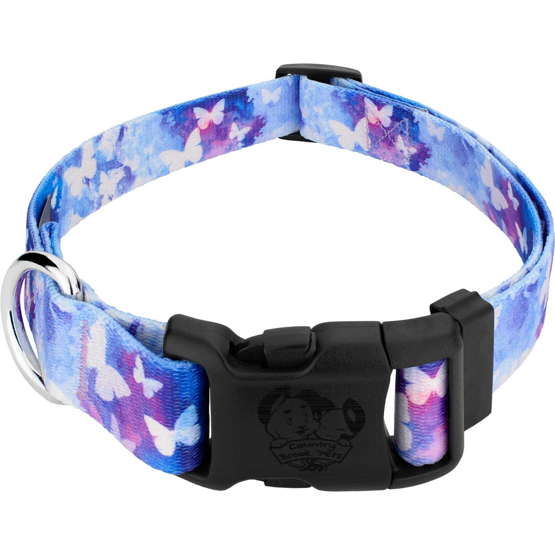 Country Brook Petz Deluxe Watercolor Butterflies Dog Collar, Blue, Medium: 13 to 16-in neck, 1-in wide