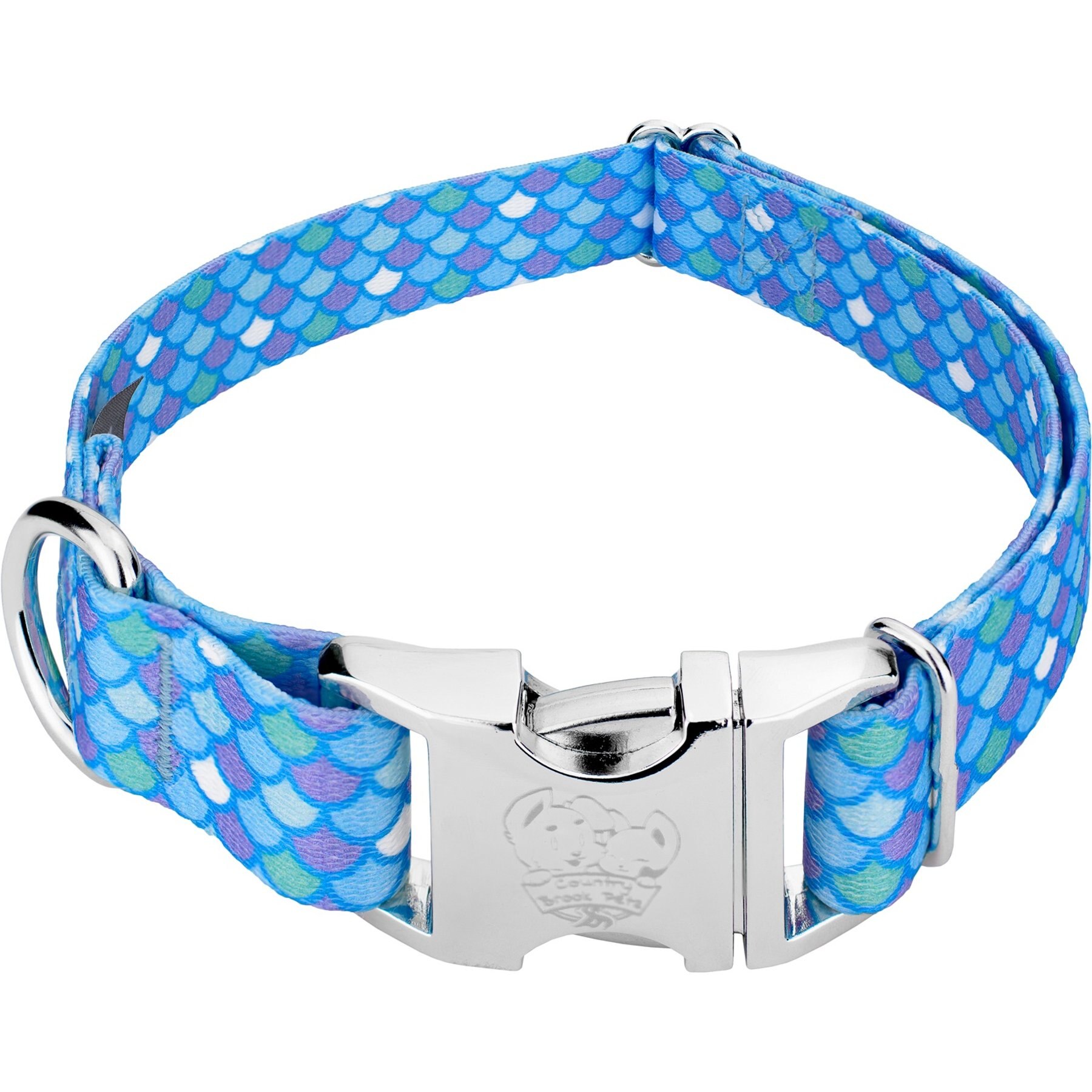 Country Brook Petz Premium Mermaid Scales Dog Collar, Blue, 11 to 13-in neck, 5/8-in wide