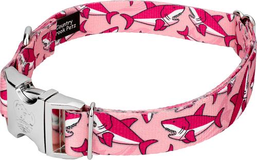 Show full view: Country Brook Petz Premium Pink Sharks Dog Collar, Pink, Medium: 13 to 16-in neck, 1-in wide slide 4 of 6