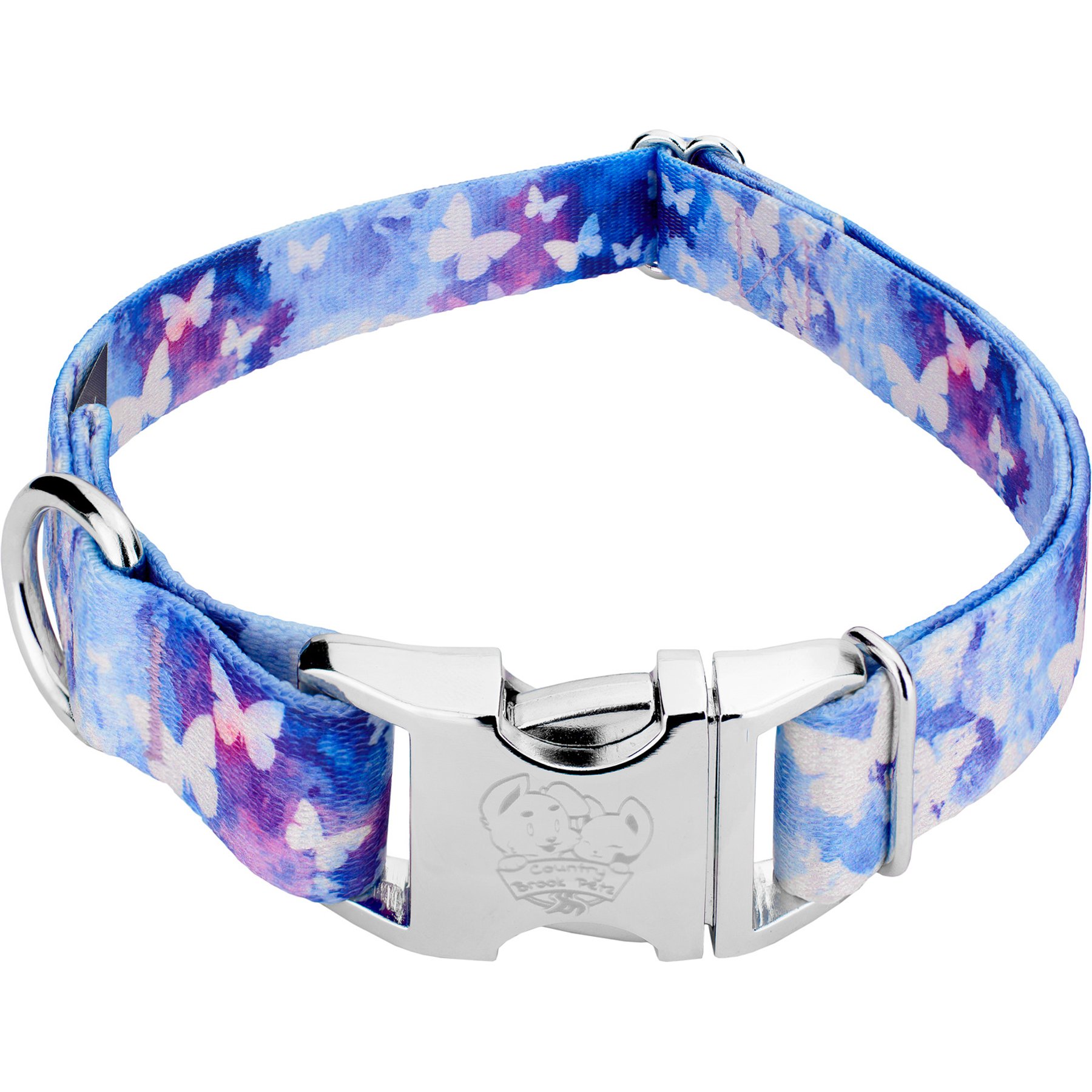 Country Brook Petz Premium Watercolor Butterflies Dog Collar, Blue, Medium: 13 to 16-in neck, 1-in wide