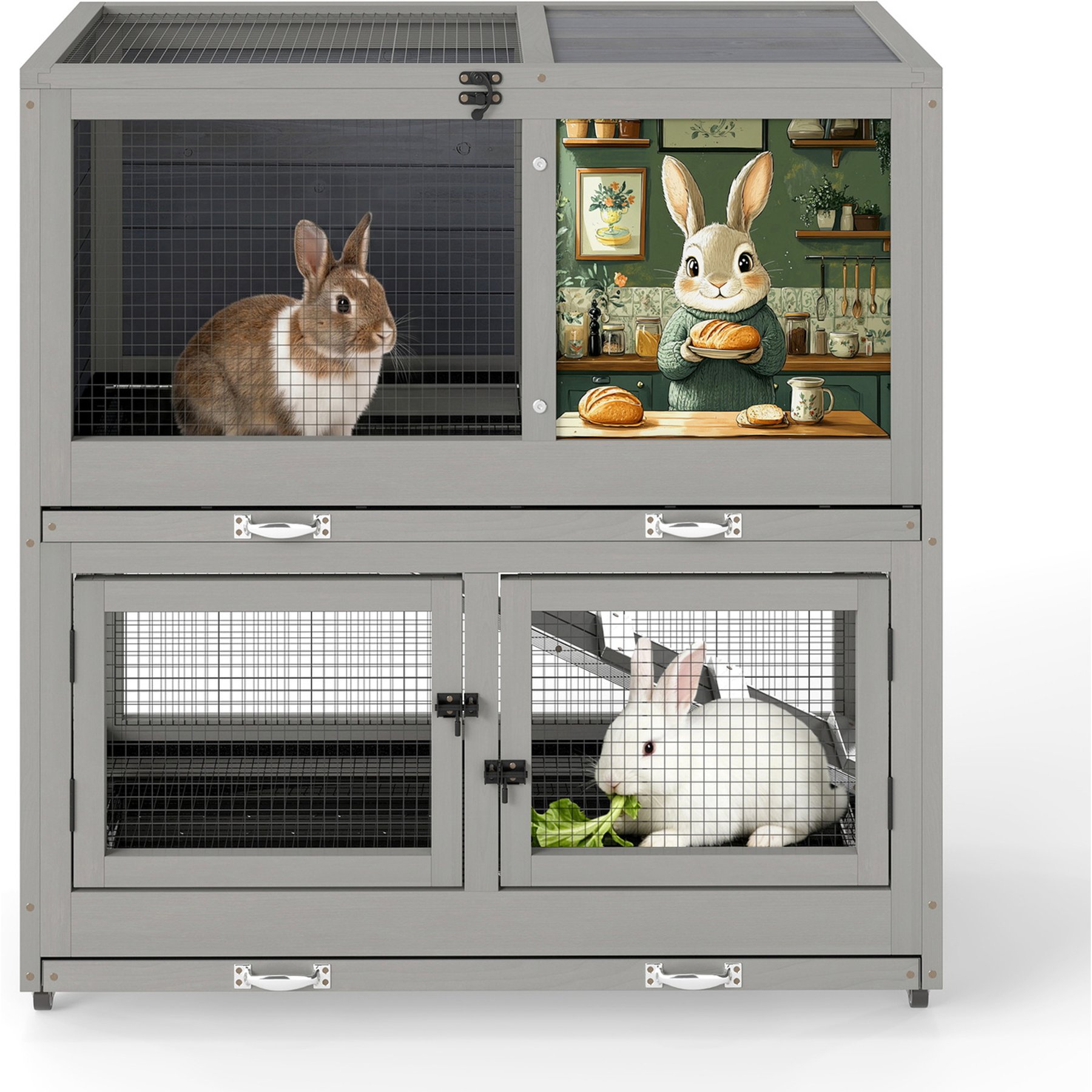 Coziwow 2-Tier Double Door Wooden Small Animal Cage, Grey, 18.5-L